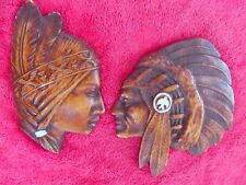 VINTAGE  PAIR 1940s CHALK WARE NATIVE INDIAN HEADS  WALL PLAQUES  