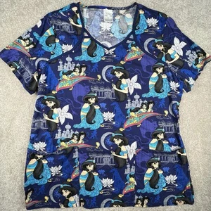 Disney Aladdin Magic Carpet Jasmine Navy Blue Purple Scrub Top Shirt Size Small - Picture 1 of 6
