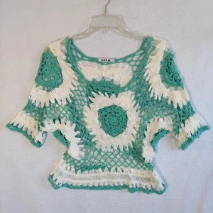 Crochet Women's Boho Top Size L Green White Festival Wear Large Renjo - Picture 1 of 8