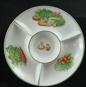 Vintage Small Divided Vegetable Dish with Lovely Vegetable Transfers - Picture 1 of 6