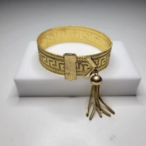 Art Deco Byzantine Greek Key Chain Tassel Gold Tone Mesh Slide Bracelet - Picture 1 of 7