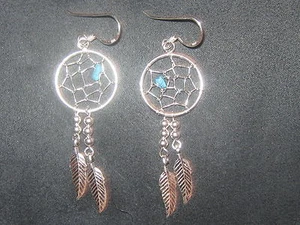 925 Sterling Silver Western Blue Turquoise Dreamcatcher Dangle Feather Earrings - Picture 1 of 1