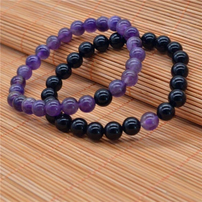 8mm Natural Black Onyx & Amethyst Beaded Bracelets Lovers Couple Men Women - Image 1 of 4