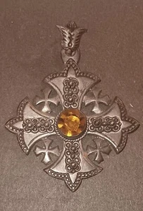 Antique 900 Silver And Citrine Crusader Cross Pendant - Picture 1 of 7