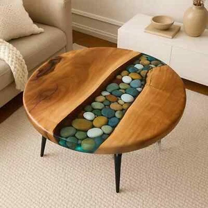 River Stone Epoxy Coffee Table | Round Handmade Wood Pebble Resin Furniture - Picture 1 of 9