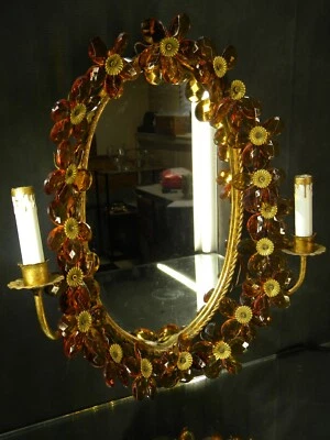 Vintage Gilt Mirror 2 Arm Sconce with Amber Crystals {Electric} - Image 1 of 4