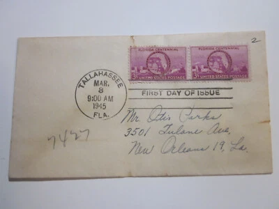 Scott 927 Florida Centennial 1945 FDC Tallahassee FLORIDA CANCEL - Image 1 of 3