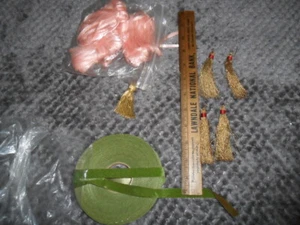 Yards & Yards of Green velvette ribbon, Peach Polyester ribbon and Gold Tassles - Picture 1 of 7