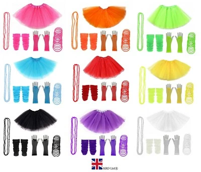 5PCS 80s Neon Fancy Dress Costume Halloween Party Tutu Leg Warmer Gloves Beads - Image 1 of 4