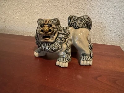 Japanese ~ Foo Dog ~ Ceramic / Porcelain Pottery ~ Taupe w/Black Accents - Image 1 of 4