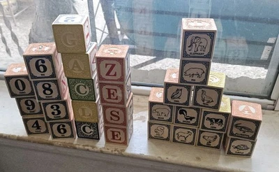 VTG Uncle Goose Classic Wooden Alphabet ABC Blocks Numbers Animals 28 Embossed - Image 1 of 4