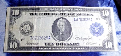 US 1914 FEDERAL RESERVE NOTE $10 (TEN) DOLLAR (U-GRADE) CIRCULATED L/WEAR, FOLDS - Image 1 of 4
