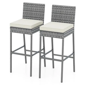 2 PCS Patio Wicker Barstools Bar Height Chairs W/ Cushions Backyard Off White - Picture 1 of 9