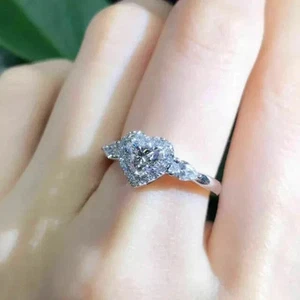 3CT Heart Cut VVS1 Lab Created Diamond Halo Wedding Ring 14k White Gold Plated - Picture 1 of 7