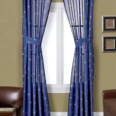 NEW Midnight Wolves Blue Star Drapery Set 2 Panels, 2 Tiebacks - 84" x 84" - Image 1 of 4