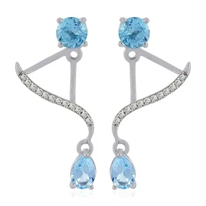 925 Silver Blue Topaz Ear Jacket Earrings for Women Dangle Jewelry Gift Women - Picture 1 of 6