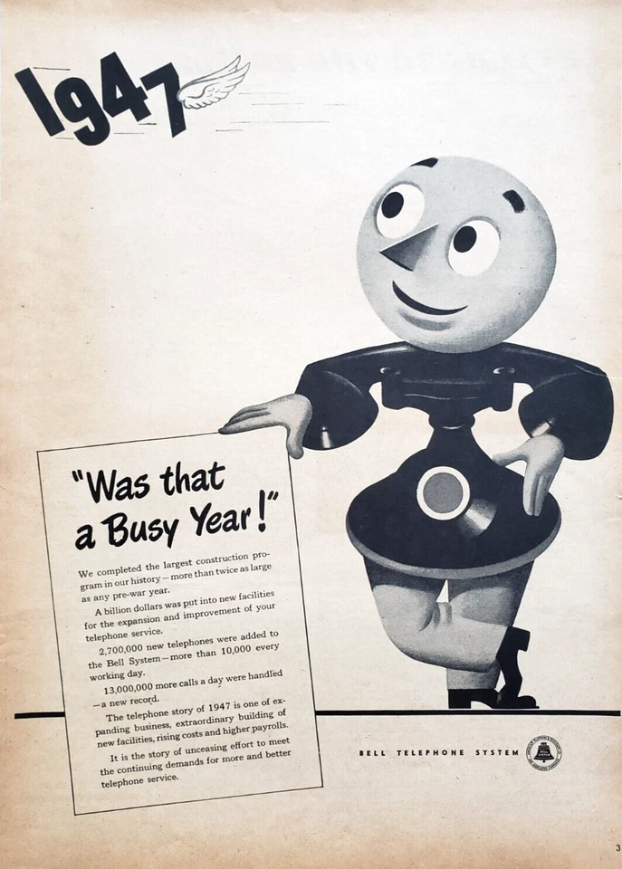 PRINT AD Bell Telephone System 1948 10x13 Cartoon Mascot New Year - Image 1 of 1
