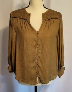 Anthropologie- S Tunic Top Blouse 3/4 Sleeve - Snakeskin Print Olive Henley NWT  - Picture 1 of 11