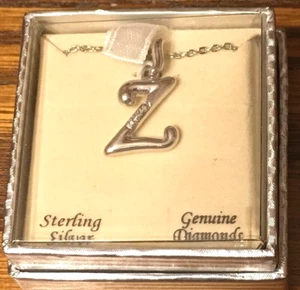 Sterling Silver w/Real Diamonds Initial "Z" Pendant and Necklace Chain - Picture 1 of 2