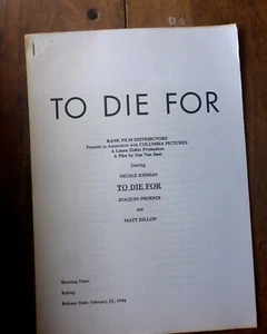 TO DIE FOR MOVIE PRODUCTION NOTES 1996 21 PAGES - Bild 1 von 3