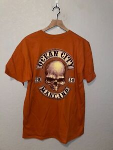 2014 Ocean City MD Maryland Orange Skull Biker Bike Shirt Graphic Tee L Large