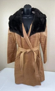 Vtg Tregos Leather Trench Coat Western Faux Fur Penny Lane Boho Wmns 12R Belted - Picture 1 of 19