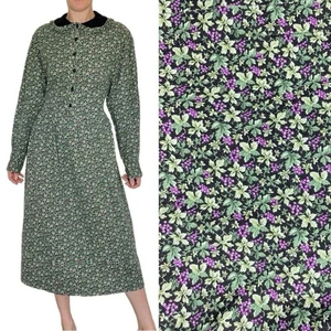Vestido midi vintage verde hoja púrpura uva cuello pradera cabaña coqueta - Imagen 1 de 8