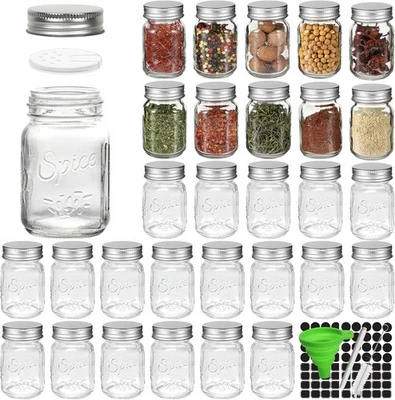 Paquete de 30 frascos de especias de albañil de vidrio de 4 oz contenedores redondos vacíos con plata Foto 1 de 4