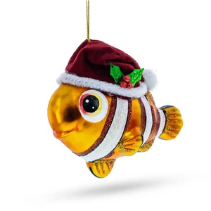 Festive Clownfish in Santa Hat Glass Christmas Ornament - Picture 1 of 5