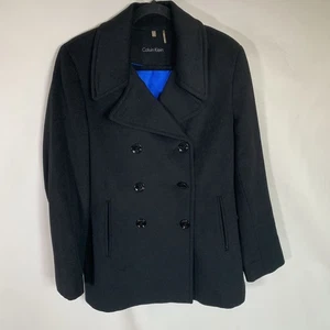 Women’s Calvin Klein Peacoat Button Size 12 Black 60% Wool 5% Cashmere Cw382002 - Picture 1 of 13