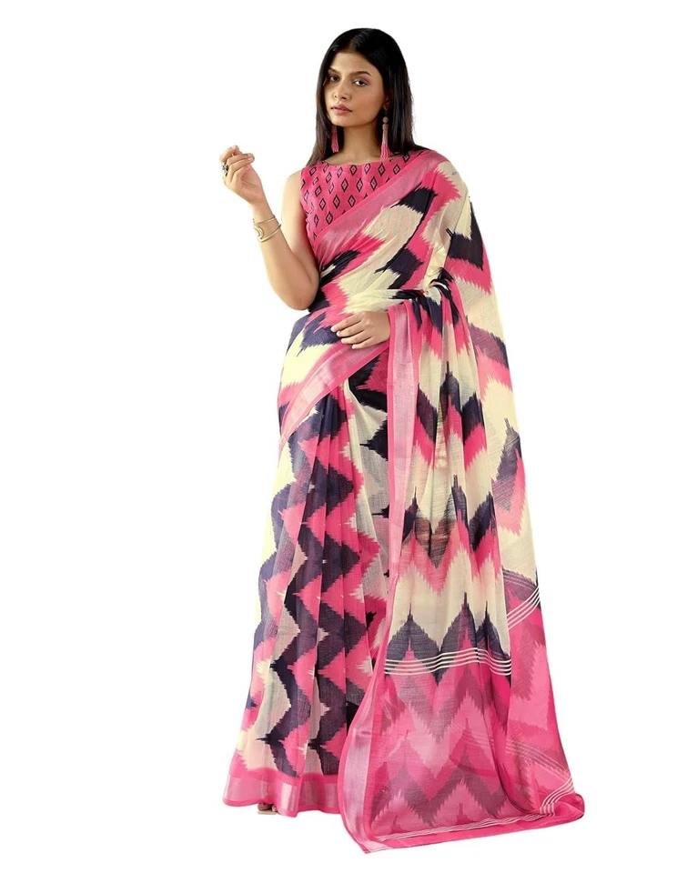 Sari estampado Ikkat de algodón y lino para mujer con pieza de blusa sin costuras Foto 1 de 1