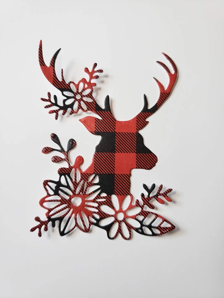 2 cartões de scrapbook xadrez de búfalo vermelho e preto de veado de Natal cortados em moldes - Imagem 1 de 1