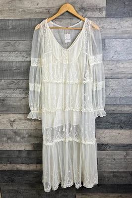 Maxi Vestido Free People Stevie Talla XS Marfil Encaje Malla Boho Hippie Transparente Largo Foto 1 de 4