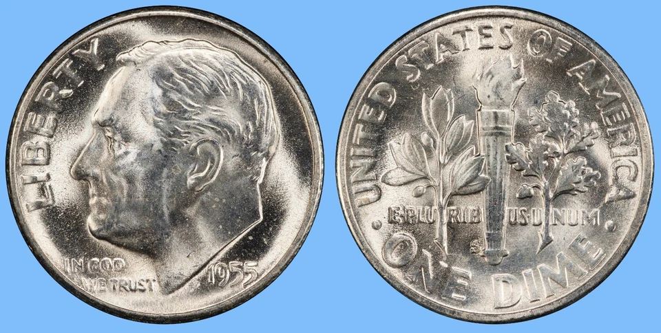 Moneda de diez centavos S Roosevelt 1955 ~ gema bu sin circular ~ moneda de plata de Estados Unidos coleccionable Foto 1 de 1