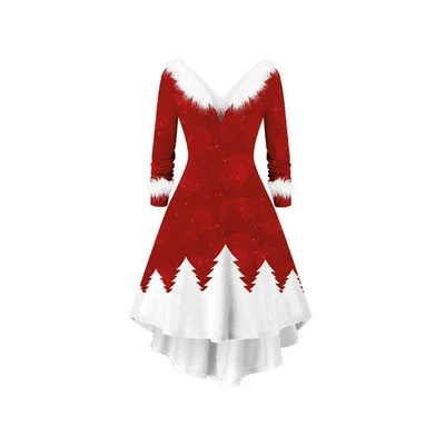 Robe Longue Noël Élégante Sapins Grande Jupe High Low Fausse Fourrure Sexy - Photo 1/3