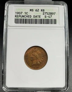 1907 P Indian Cent Penny Coin ANACS MS62 RB RPD S-47 Repunched Date Specimen - Picture 1 of 6