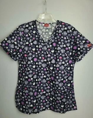  DICKIES Women's BLACK MULTICOLOR HEARTS PRINT SCRUBS TOP V NECK Size S  - Image 1 of 4