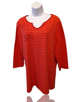 J.M.S. 18W/20W Keyhole Neck 3/4 Sleeve Top, Coral, Striped, Embroidered. NS-23  - Image 1 of 4