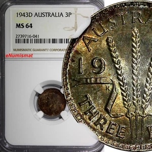 AUSTRALIA Silver 1943-D 3 Pence Threepence NGC MS64 Rainbow Toned KM# 37 (041) - Bild 1 von 5