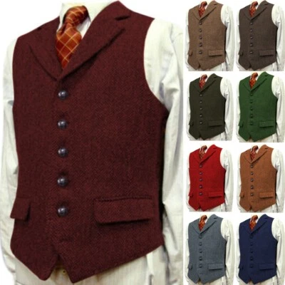 Men's Tweed Waistcoat Vintage Wool Herringbone Formal Hunting Vest Tops HOT - Image 1 of 4