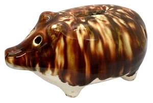 Antique Glazed Pottery Stoneware Pig Piggy Bank Hole Eyes Drip Glaze Yellow Ware - Picture 1 of 17