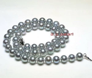 AAAAA 18"9-10mm NATURAL REAL ROUND South sea silver gray pearl necklace 14K  - Picture 1 of 6