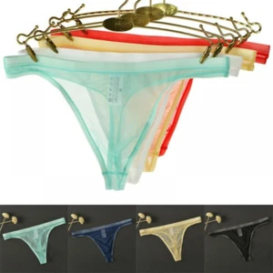 Men's Sexy Briefs Ice Silk G-string Underwear See Through Thong Panties Lingerie - Picture 1 of 5
