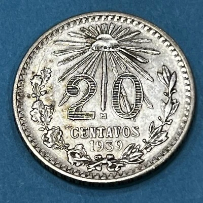 Moneda de plata 1939 México 20 centavos AU GORRA Y RAYOS Foto 1 de 2
