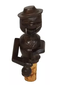 Vintage Wooden Mechanical Carved Painted Man Drinking Wine Cork Stopper - Picture 1 of 7