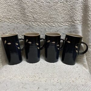 Pier 1 White Blossom set of 4 mugs tall stoneware blue beige black leaf 6”