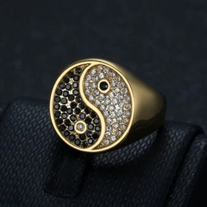 Black&White CZ Tai Chi Ying Yang Symbol Ring Stainless Steel Biker Fashion Ring - Picture 1 of 3