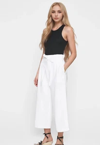 Club Monaco Anreannah Paper Bag Cropped Ankle Hose Gr. 2 weiß Gürtel Leinen - Bild 1 von 8