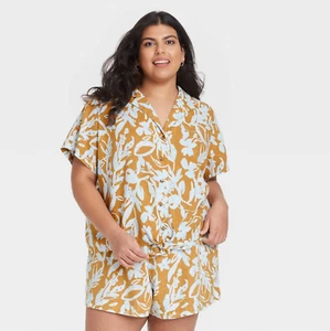 Womens Plus Size Short Sleeve Button-Down Linen Blend Top - Ava & Viv, Dark Gold - Picture 1 of 3