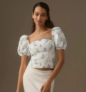 Top de lino Reformation Marella Anthropologie manga abullonada azul floral talla 10 NUEVO - Imagen 1 de 5